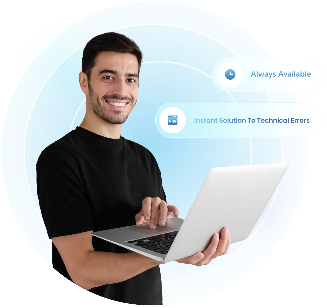 A man holding a laptop, with the labels "Instant Solution to Technical Problems" and "Always Reachable".