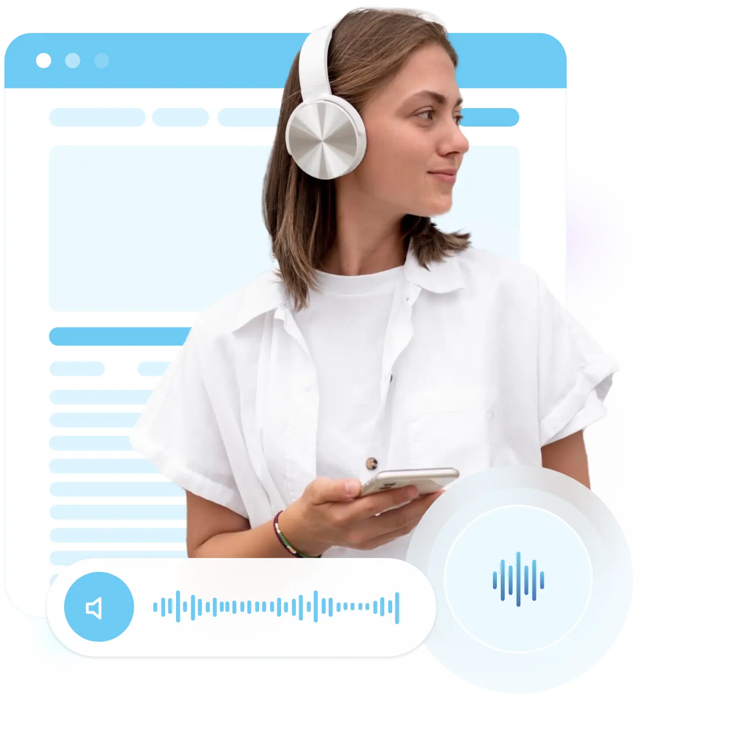 Brown-haired woman with blunt hair holding a mobile phone and earphones in her ear. Accessiblee Accessibility Tool and screen reader icons in the background.