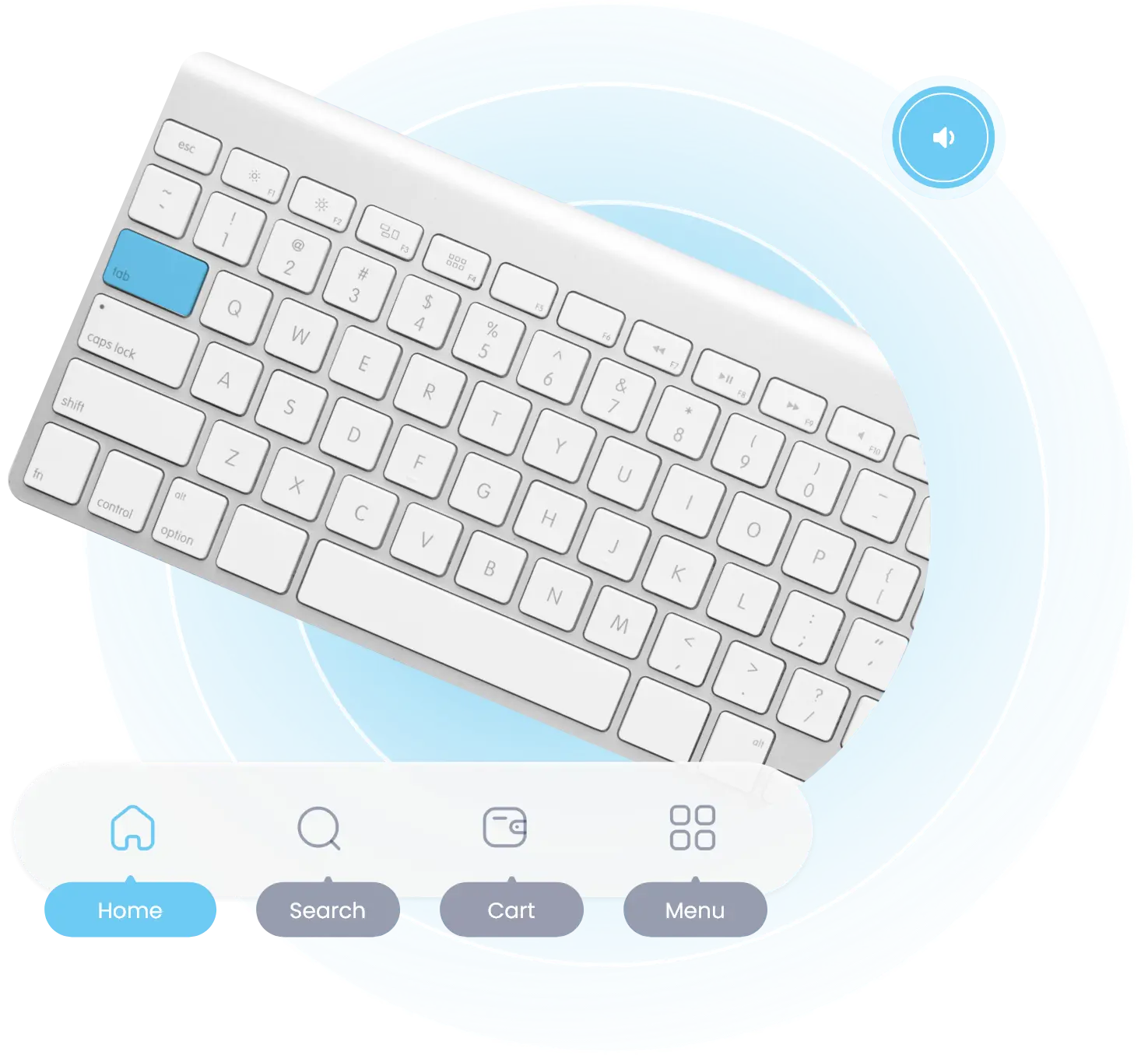 A white keyboard highlighted with a blue “Tab” key and a menu with options “Home”, “Search”, “Wallet”, “Menu”