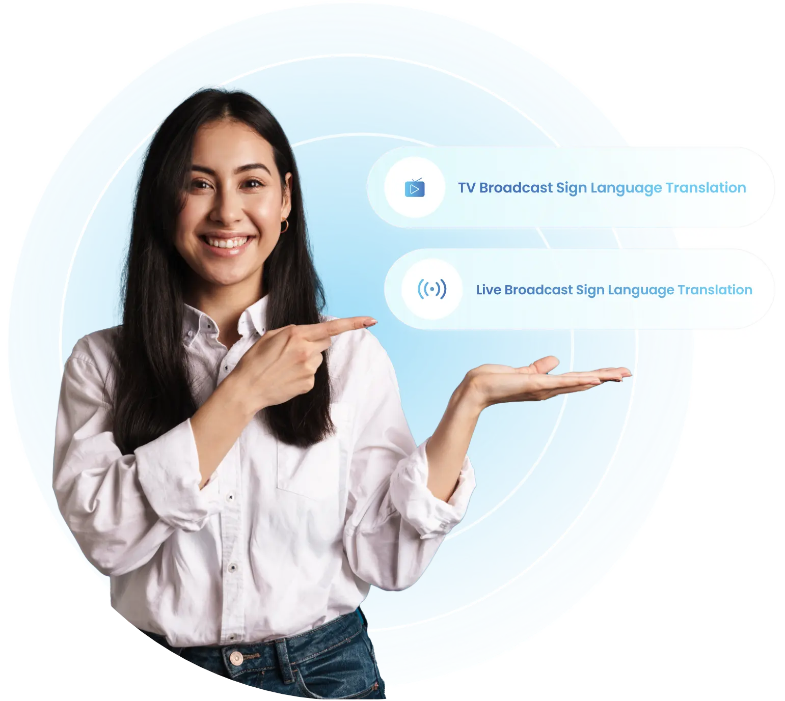 A woman smiles as she points to the options for television and live sign language interpreting.