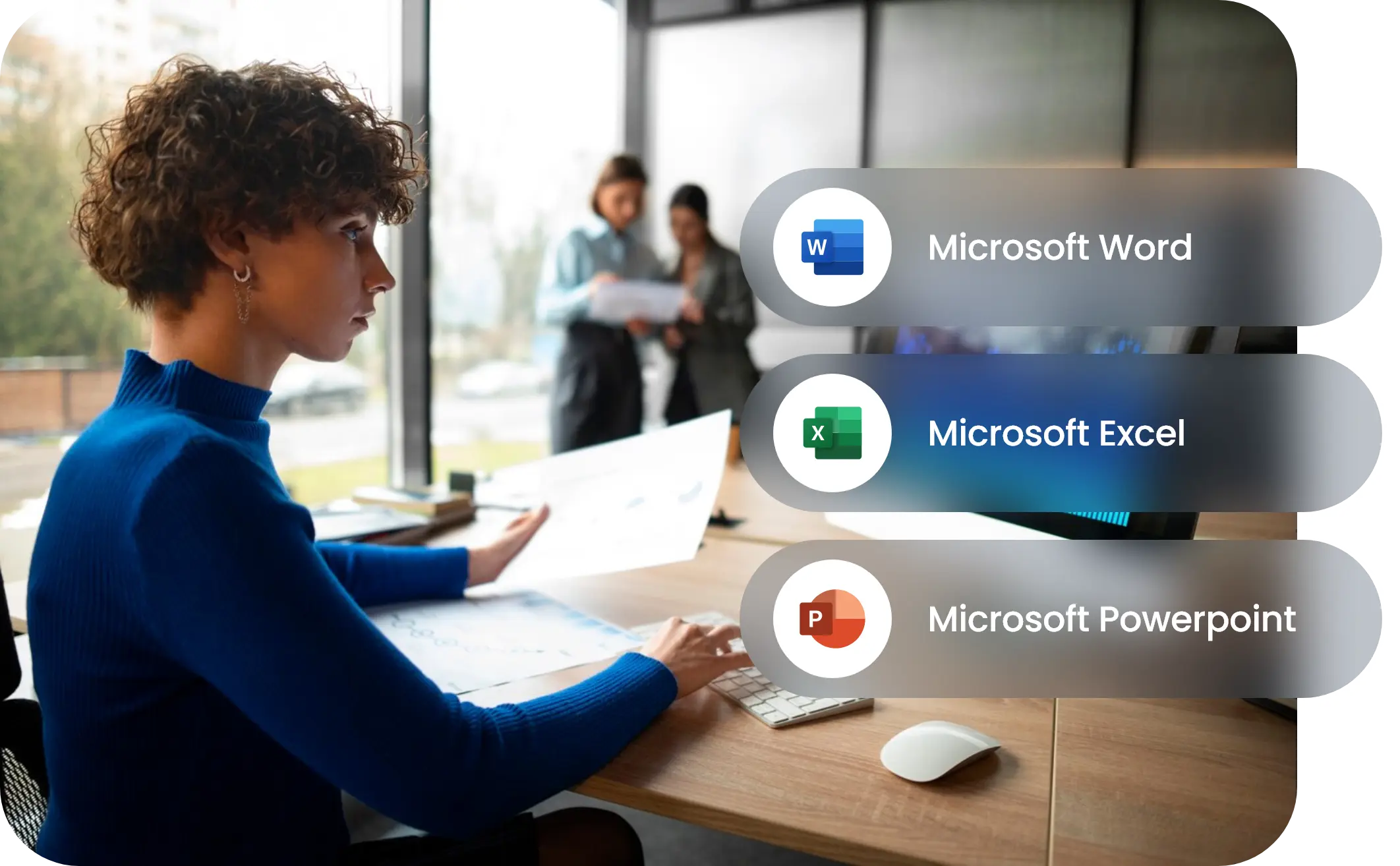 A woman working with Microsoft programs