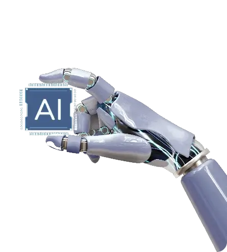 Metallic robot hand holding an artificial intelligence chip.